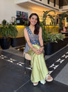 Lunira Denim Waistcoat With Cupro Satin Printed Sage Green Draped Skirt