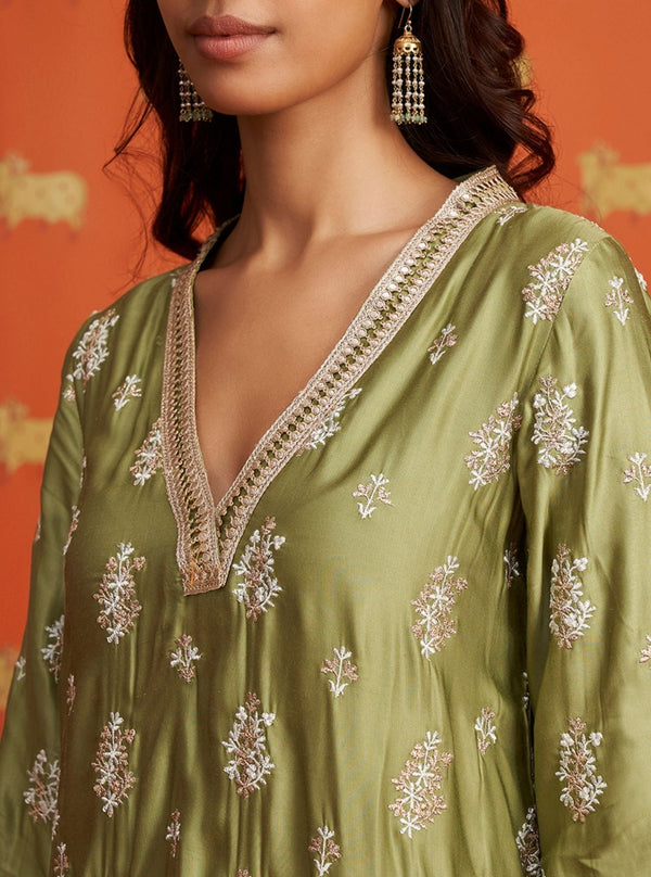 Callaia Cupro Satin Moss Green Kurta Set