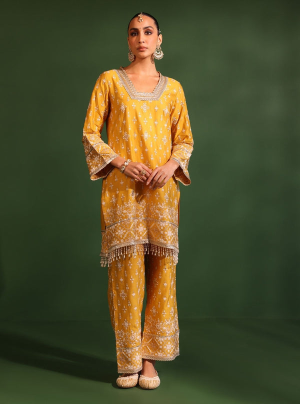 Kalander Pima Satin Yellow Kurta Set