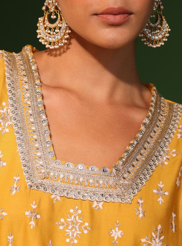 Kalander Pima Satin Yellow Kurta Set
