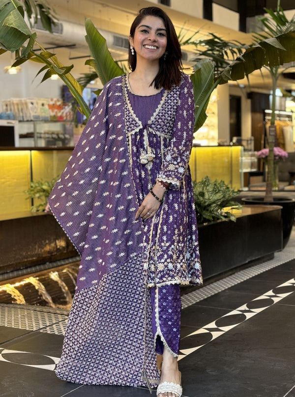 Nyah Banarsi Purple Short Anarkali Kurta Set