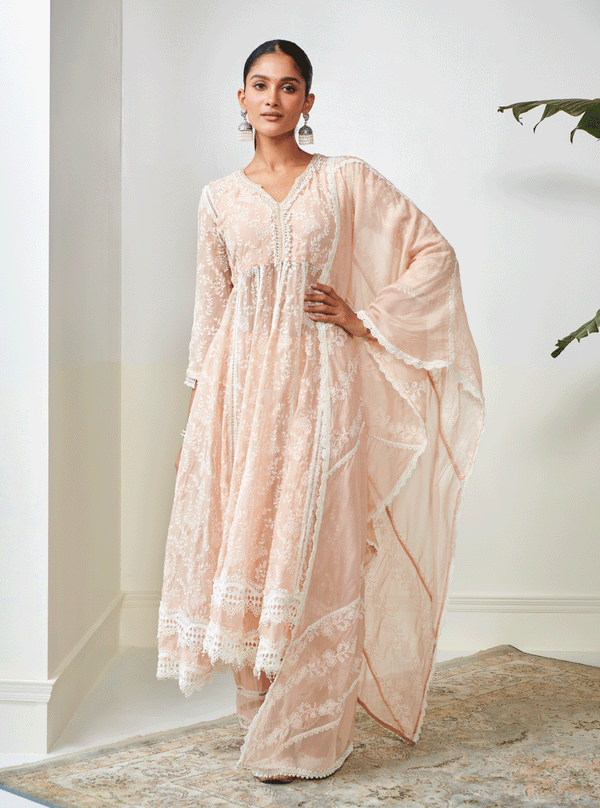 Twyla Organza Beige Kurta Set