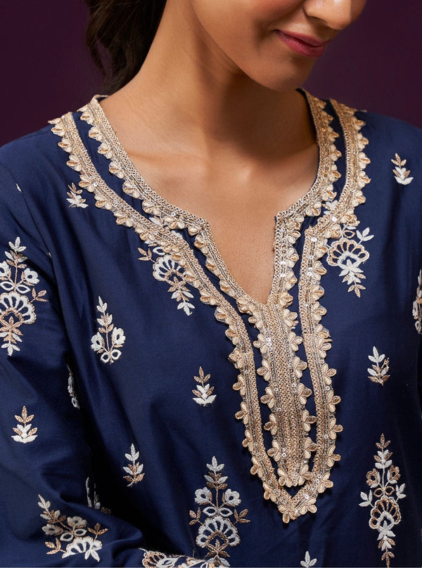 Aree Pima Satin Navy Kurta Set