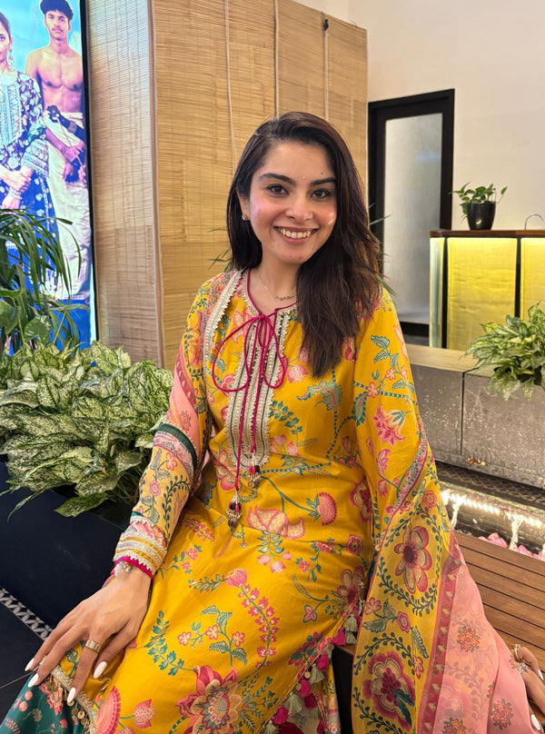Nisi Pima Satin Printed Mustard Kurta Set