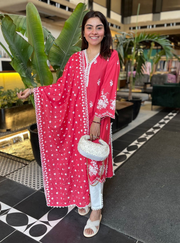 Love Song Supima Cotton Red Kurta With Slit Pant