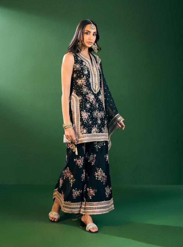 Lami Pima Satin Black Kurta With Flared Bell-Bottom Pants
