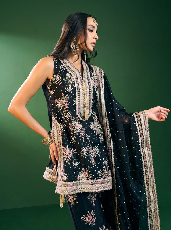 Lami Pima Satin Black Kurta With Flared Bell-Bottom Pants