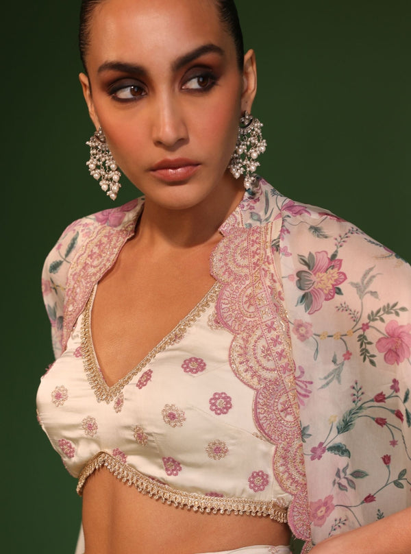 Laila Organza Printed Off White Cape Shrug With Sharara