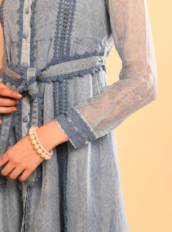 Liz Organza Printed Blue Long Dress