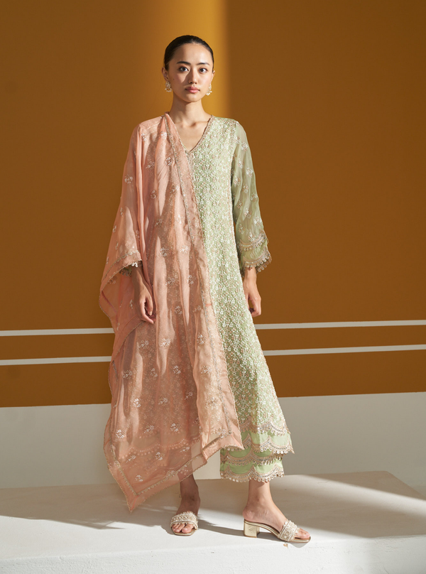 Kwanjal Organza Green Kurta Set