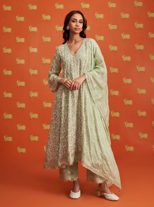 Kwanjal Organza Green Kurta Set