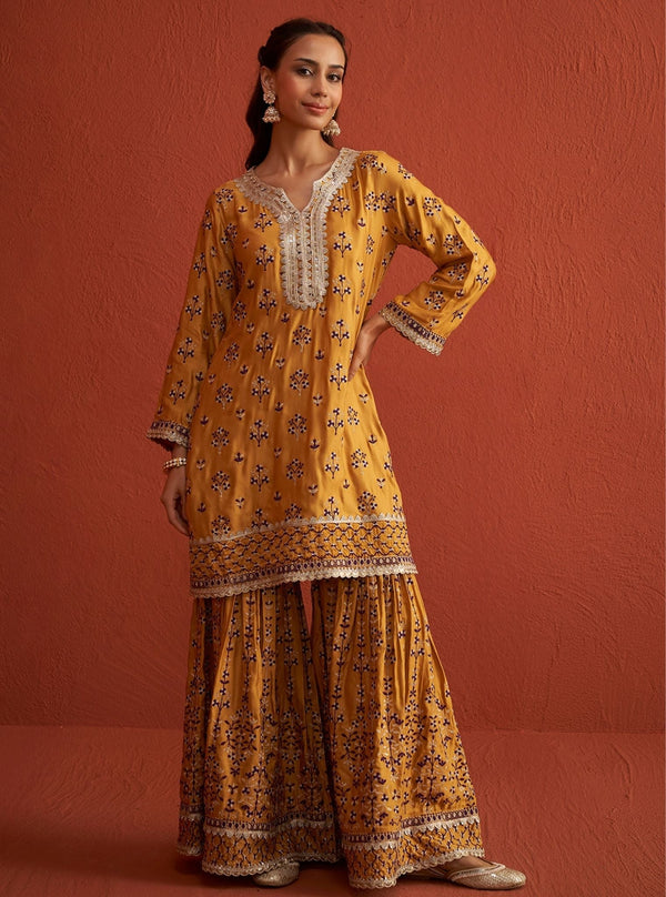 Mahiya Bemberg Satin Mustard Kurta Set