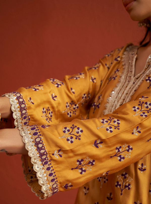 Mahiya Bemberg Satin Mustard Kurta Set