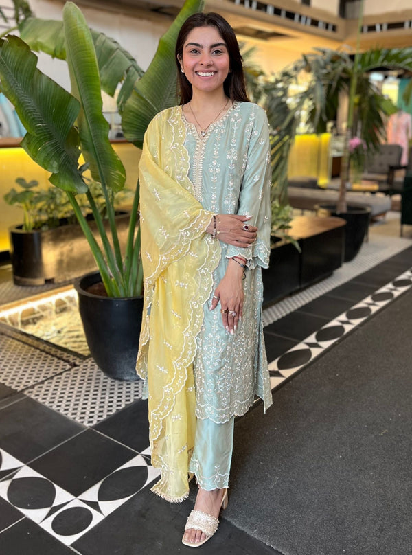 Tasanee Cupro Satin Sage Green Kurta Set
