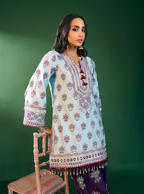 Lani Pima Satin Sky Blue Kurta With Purple Pant