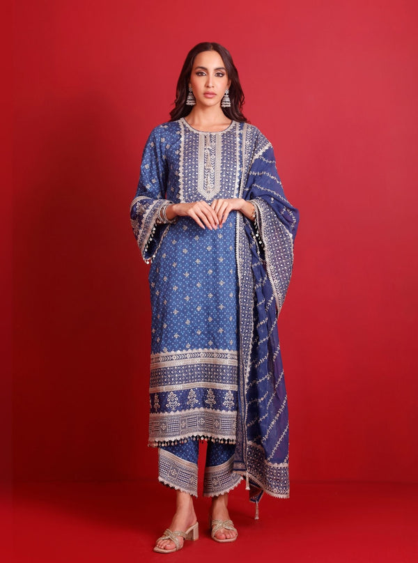 Lari Pima Satin Printed Navy Kurta Set