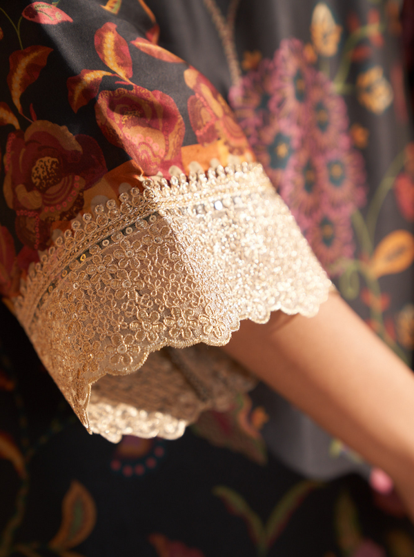 Diantha Cupro Satin Printed Black Kurta Set