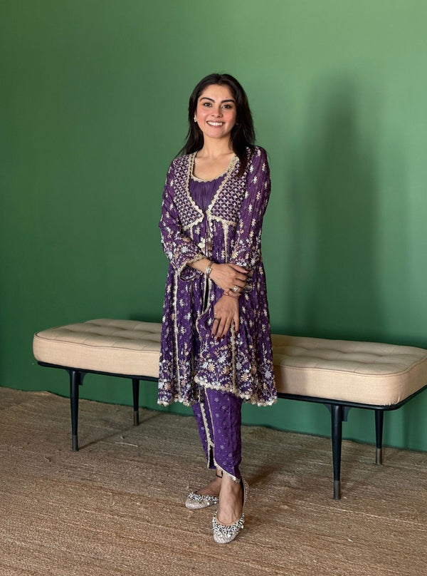 Nyah Banarsi Purple Short Anarkali Kurta Set