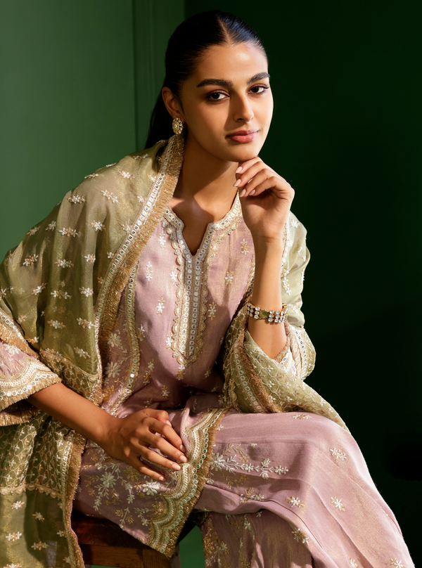 Satranga Tissue Linen Satin Lilac Kurta Set