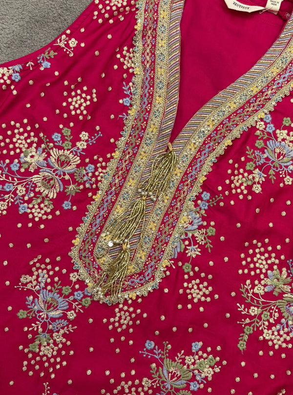 Lami Pima Satin Fuchsia Kurta With Flared Bell-Bottom Pants