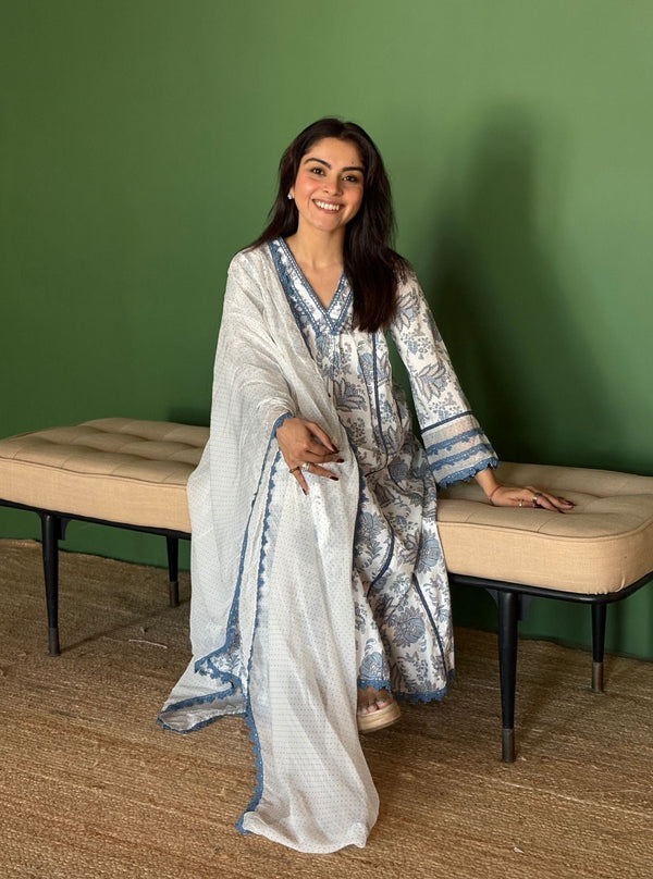 Bellamy Supima Cotton Printed Blue Kurta Set