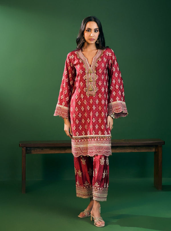 Elira Cupro Satin Red Kurta Sets
