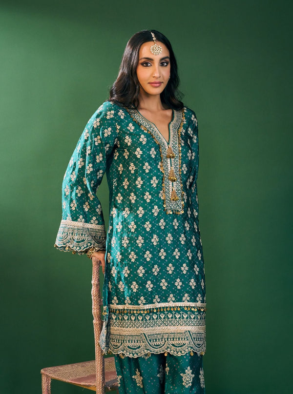 Elira Cupro Satin Emerald Green Kurta Sets