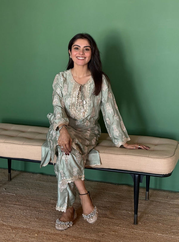 Intira Tissue Linen Satin Sage Green Kurta Set