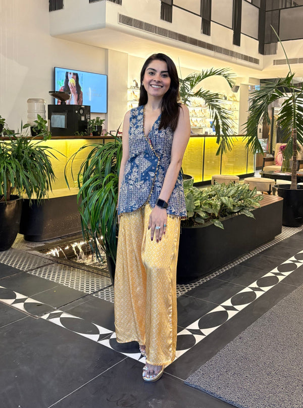 Lunira Denim Waistcoat With Cupro Satin Printed Mustard Pant