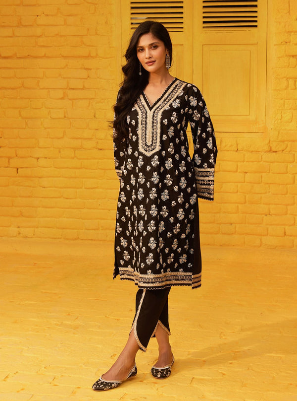 Abria Supima Cotton Black Kurta with Dhoti Pant Set