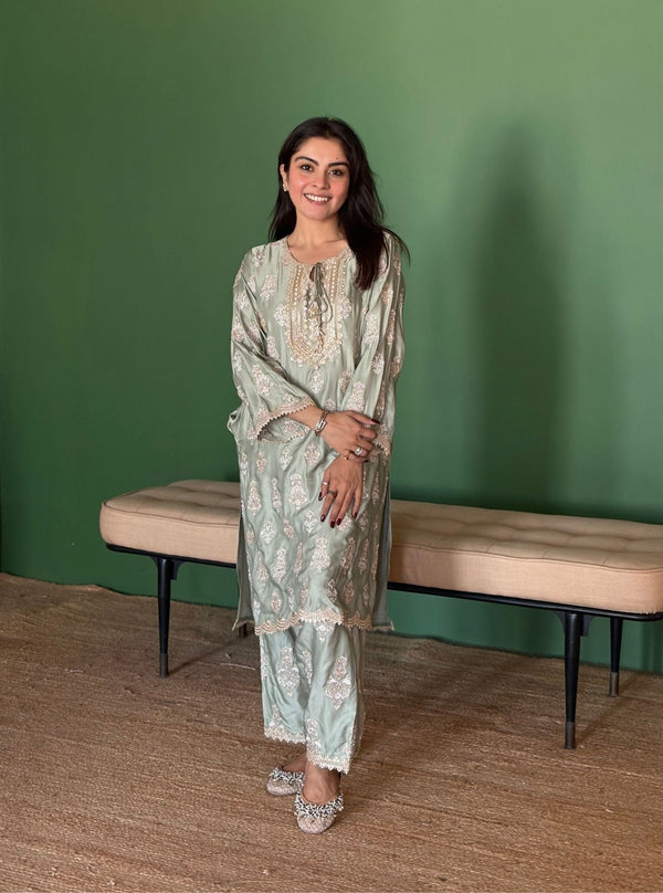 Intira Tissue Linen Satin Sage Green Kurta Set