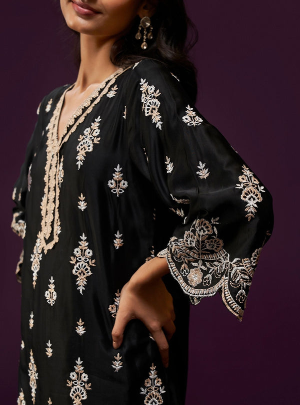 Emon Cupro Satin Black Kurta Set