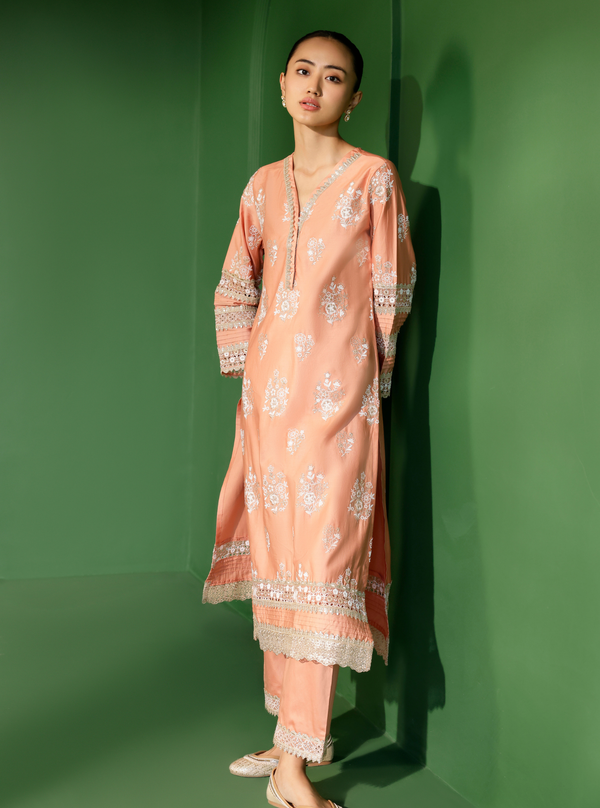 Nalin Pima Satin Peach Kurta Set