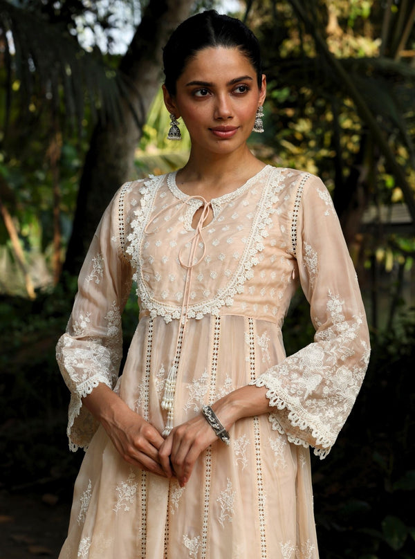 Neesa Organza Beige Anarkali Kurta Set