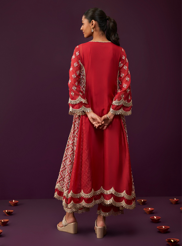 Kwanjal Organza Red Kurta Set