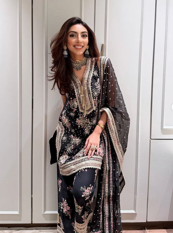 Lami Pima Satin Black Kurta With Flared Bell-Bottom Pants