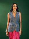 Lunira Denim Waistcoat With Cupro Satin Printed Fuschia Draped Skirt