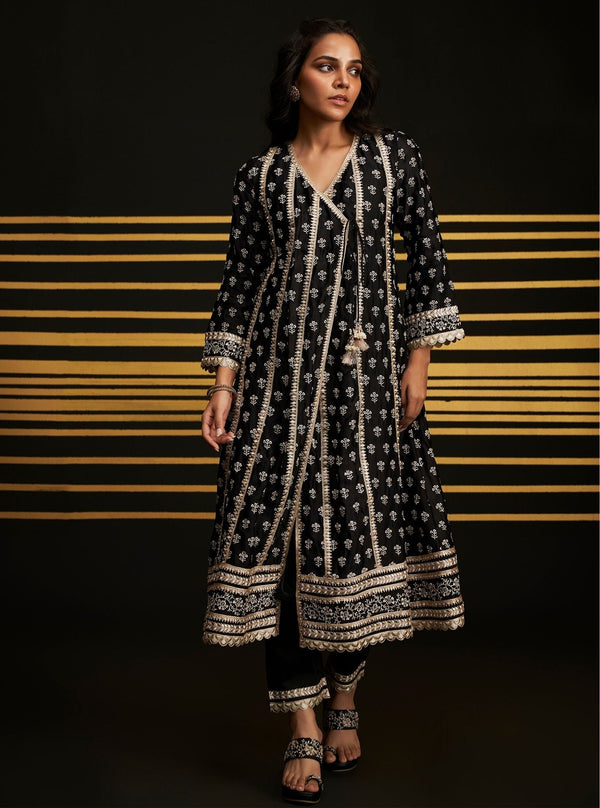 Patola Organza Satin Black Anarkali Kurta Set