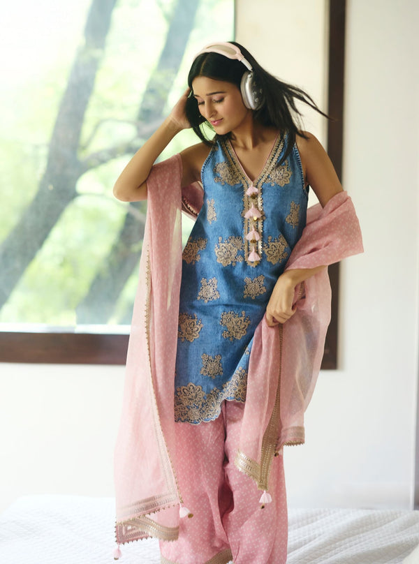 Nira Cupro Denim Kurta Set