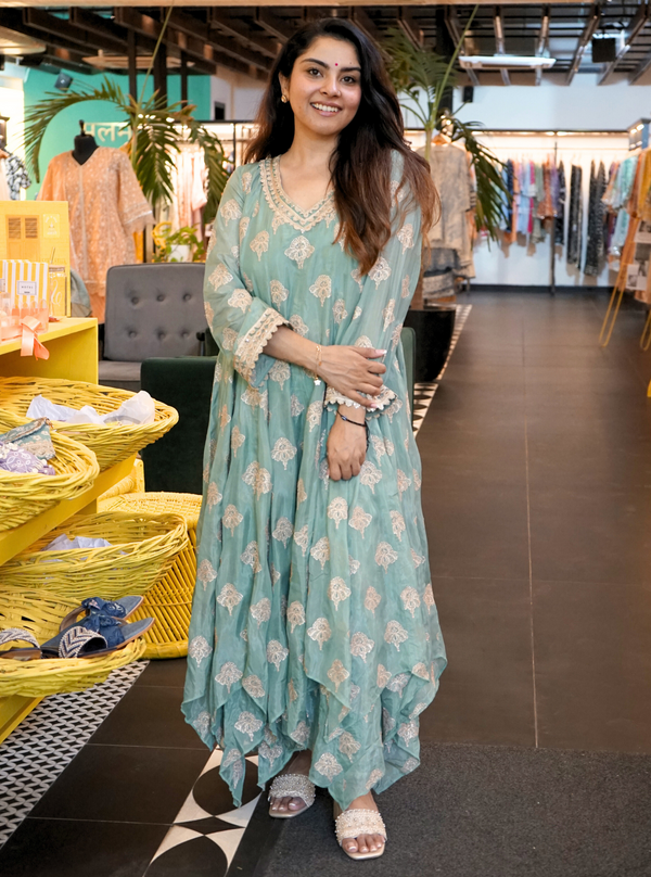 Ibadat HO Silk Teal Blue Kurta Set