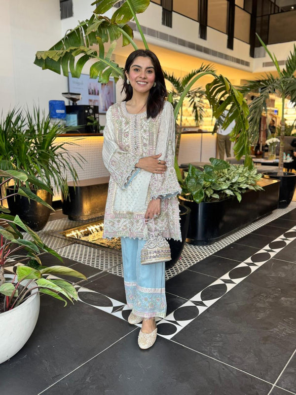 Mangal Banarsi Off White Kurta With Blue Pant