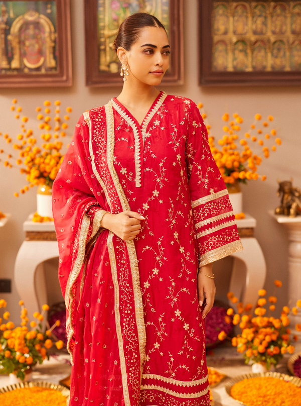 Cinda Organza Red Kurta Set