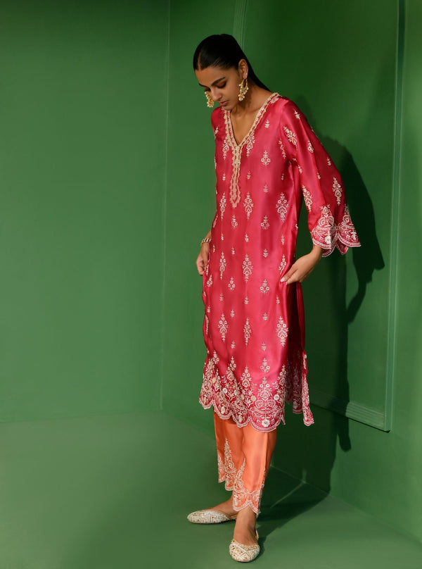 Emon Cupro Satin Fuschia Kurta With Orange Pant