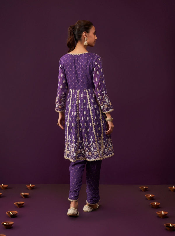 Nyah Banarsi Purple Short Anarkali Kurta Set