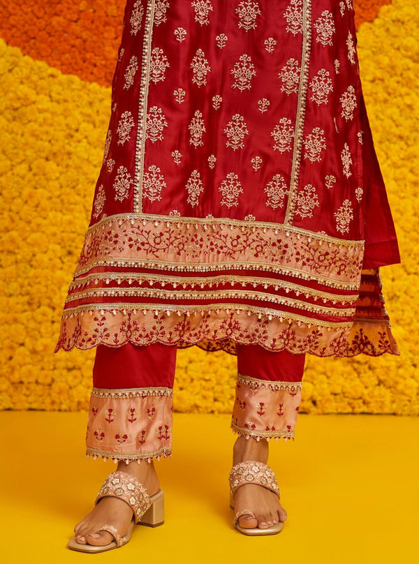 Shubh Organza Satin Red Kurta Set