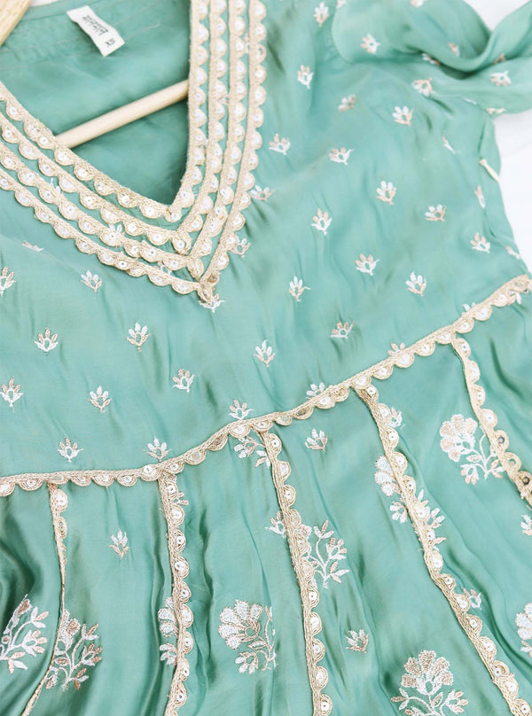 Tareefan Organza Satin Teal Blue Anarkali Kurta Set