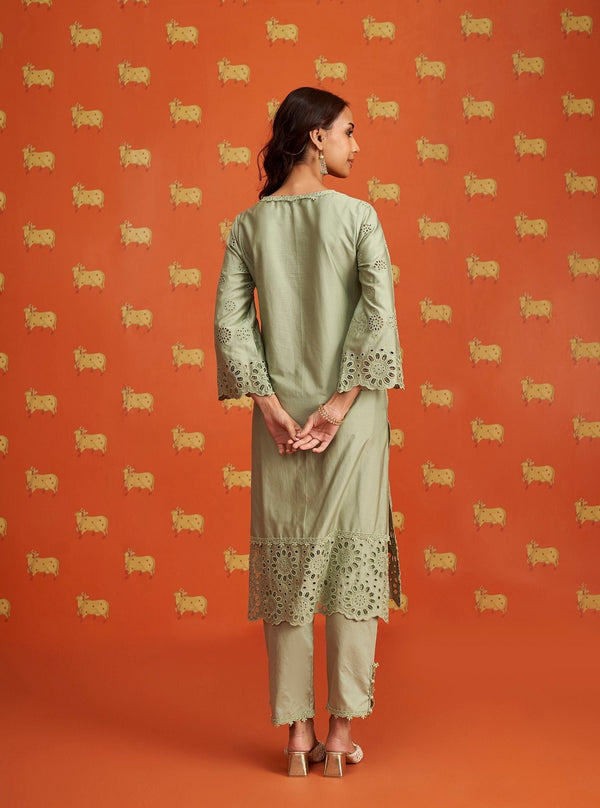 Pensri Pima Satin Green Kurta Set