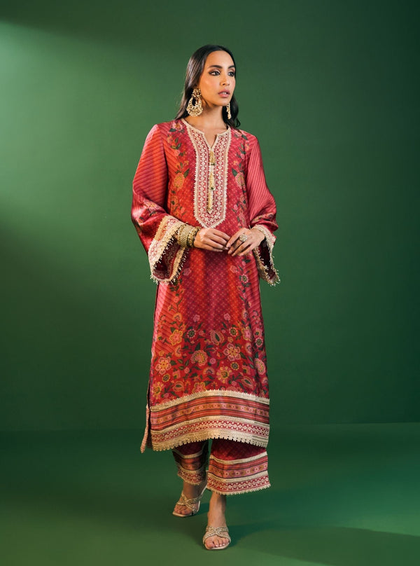 Osha Cupro Satin Red Kurta Set