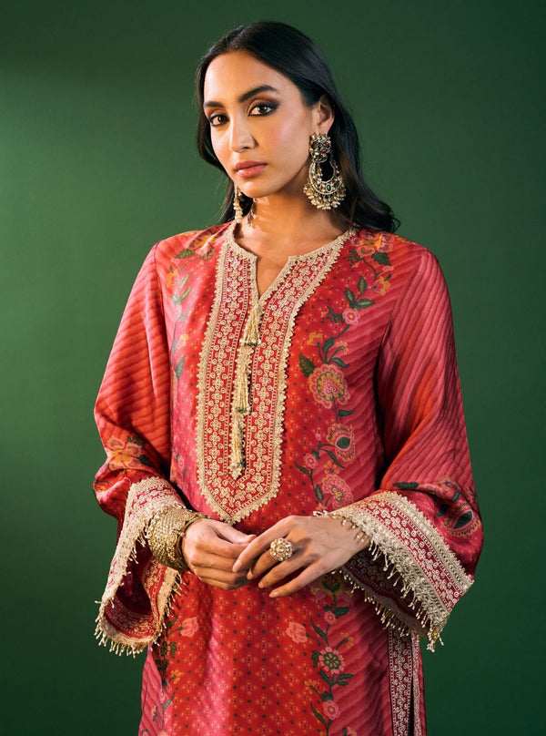Osha Cupro Satin Red Kurta Set