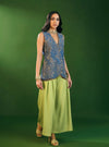 Lunira Denim Waistcoat With Cupro Satin Printed Sage Green Pant